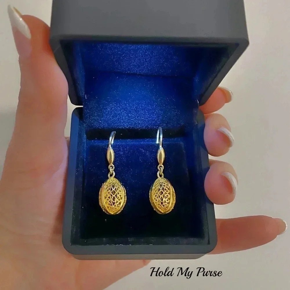 Rare 14k Gold Greek Byzantine Filigree Pendant Egg Earrings